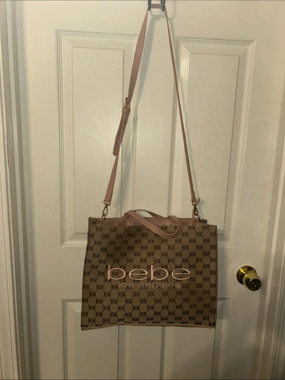 bebe Brown Patterned Tote with Pink Trim and Strap